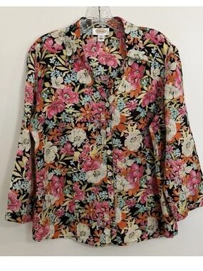 Talbots Top Size 12 Large 100% Linen Button Up Floral Flower Colorful Spring